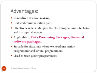 R
.N
a
Advantages:
 Centralized decision making.
 Reduced communication path.
 Effectiveness depends upon the chief programmer’s technical
and managerial aspects.
 Applicable to Data Processing Packages, Financial
software packages.
 Suitable for situations where we need one senior
programmer and several programmers.
 Used to train junior programmers.
9 R. Nancy Beaulah,Assistant Professor
 
