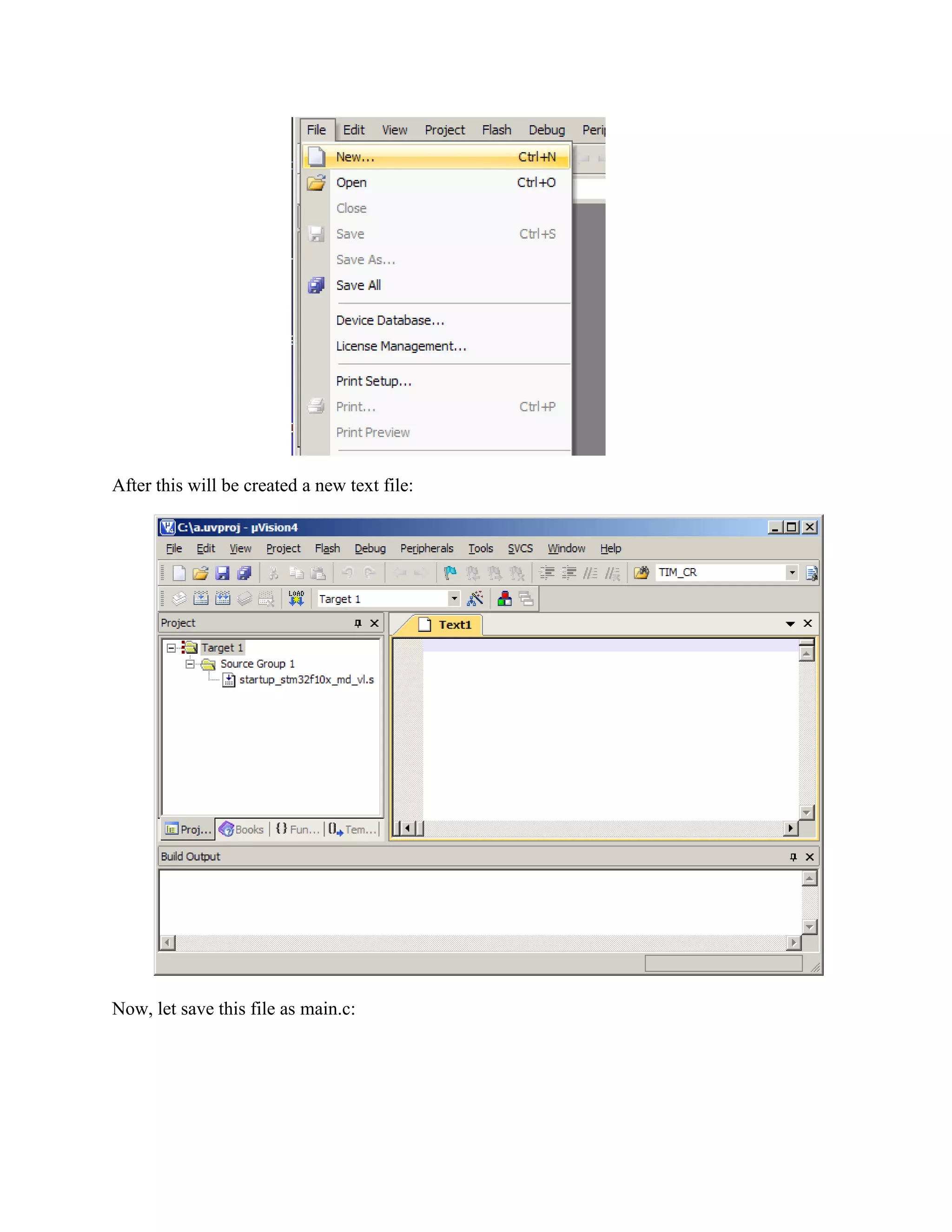 After this will be created a new text file:
Now, let save this file as main.c:
 