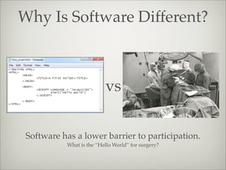 Why Is Software Different?
vs
Software has a lower barrier to participation.
What is the “Hello World” for surgery?
 
