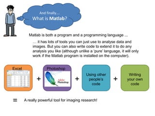 And finally….
What is Matlab?
Matlab is both a program and a programming language ...
… it has lots of tools you can just use to analyse data and
images. But you can also write code to extend it to do any
analysis you like (although unlike a ‘pure’ language, it will only
work if the Matlab program is installed on the computer).
Excel Photoshop
Writing
your own
code
Using other
people’s
code
+ + +
= A really powerful tool for imaging research!
 