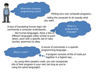 What does computer
programming mean?
Writing your own computer programs...
… telling the computer to do exactly what
you want.
What is a
programming
language?
A way of translating human logic into
commands a computer understands…
… like human languages, there a lots of
different languages (often similar to each
other), each with a specific set of rules
(syntax, grammar) to obey.
What is ‘code’?
A chunk of commands in a specific
programming language…
A program consists of bits of code put
together in a logical way …
… by using other people’s code, you can incorporate
bits of their program in your own (as long as you’re
using the same language!).
 