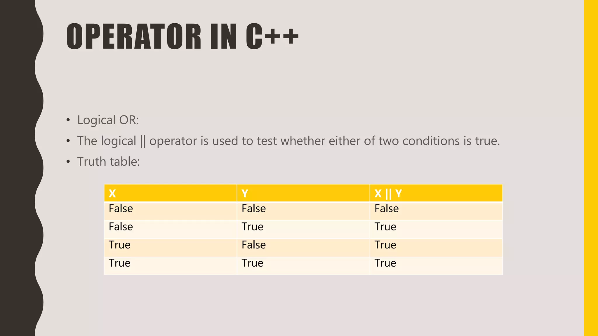 OPERATOR IN C++
• Logical OR:
• The logical || operator is used to test whether either of two conditions is true.
• Truth table:
X Y X || Y
False False False
False True True
True False True
True True True
 