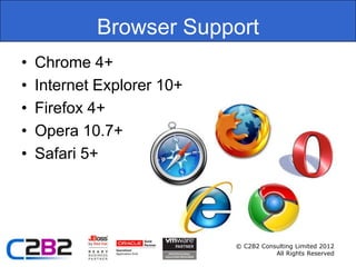 Browser Support
•   Chrome 4+
•   Internet Explorer 10+
•   Firefox 4+
•   Opera 10.7+
•   Safari 5+




                            © C2B2 Consulting Limited 2012
                                       All Rights Reserved
 