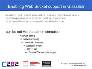 Enabling Web Socket support in Glassfish
asadmin set configs.config.server-config.network-
config.protocols.protocol.http-listener-
1.http.websockets-support-enabled=true



can be set via the admin console :
        -> server-config
         -> Network Config
           -> Network Listeners
            -> (select listener)
             -> HTTP tab
              -> Enable Websockets support



                                             © C2B2 Consulting Limited 2012
                                                        All Rights Reserved
 