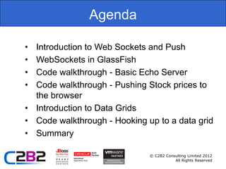 Agenda

• Introduction to Web Sockets and Push
• WebSockets in GlassFish
• Code walkthrough - Basic Echo Server
• Code walkthrough - Pushing Stock prices to
  the browser
• Introduction to Data Grids
• Code walkthrough - Hooking up to a data grid
• Summary

                              © C2B2 Consulting Limited 2012
                                         All Rights Reserved
 
