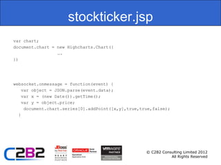 stockticker.jsp
var chart;
document.chart = new Highcharts.Chart({
                 ….
})




websocket.onmessage = function(event) {
   var object = JSON.parse(event.data);
   var x = (new Date()).getTime();
   var y = object.price;
    document.chart.series[0].addPoint([x,y],true,true,false);
  }




                                                   © C2B2 Consulting Limited 2012
                                                              All Rights Reserved
 