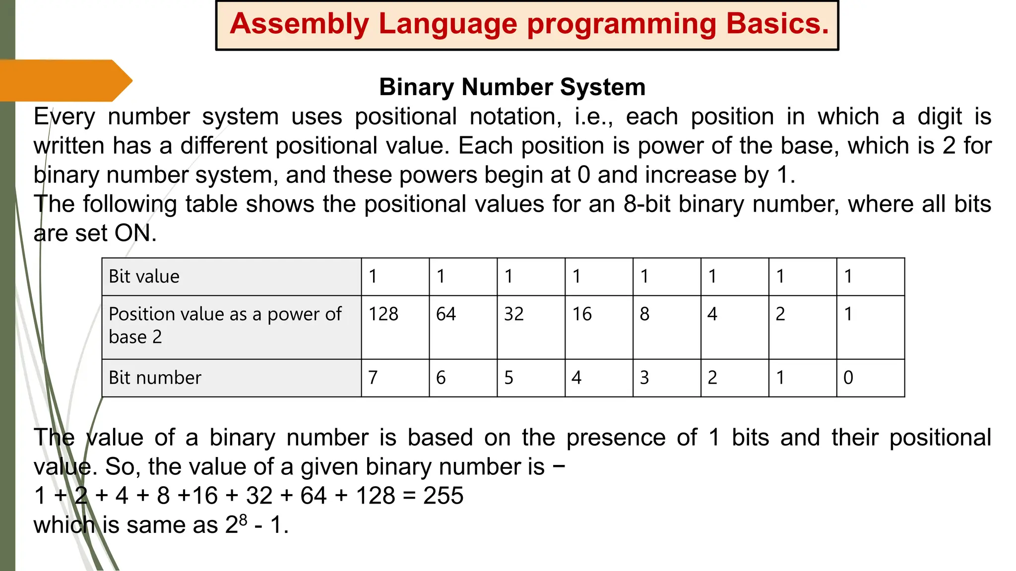 Assembly Language programming Basics.
Binary Number System
Every number system uses positional notation, i.e., each position in which a digit is
written has a different positional value. Each position is power of the base, which is 2 for
binary number system, and these powers begin at 0 and increase by 1.
The following table shows the positional values for an 8-bit binary number, where all bits
are set ON.
The value of a binary number is based on the presence of 1 bits and their positional
value. So, the value of a given binary number is −
1 + 2 + 4 + 8 +16 + 32 + 64 + 128 = 255
which is same as 28 - 1.
Bit value 1 1 1 1 1 1 1 1
Position value as a power of
base 2
128 64 32 16 8 4 2 1
Bit number 7 6 5 4 3 2 1 0
 