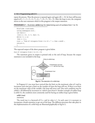 ❖ 118 ❖ Programming with C++
repeat the process. Thus the process is repeated again and again till i = 10. So Sum will become
equal to 0 + 1 + 2 + 3 + 4 + 5 + 6 + 7 + 8 + 9 + 10 = 55. After the loop is over, the computer
moves to the next statement which in this program is the output statement.
PROGRAM 6.1 – Illustrates while loop for determining sum of numbers from 1 to 10.
#include <iostream>
using namespace std ;
int main()
{int n = 10, i= 0, Sum = 0;
while (i <= n)
Sum += i++;
cout << “Sum of integers from 1 to 10 = ” << Sum <<endl ;
return 0;
}
The expected output of the above program is given below.
Sum of integers from 1 to 10 = 55
The statement given in output is printed only at the end of loop, because the output
statement is not included in the loop.
Test
(expression)
If expression not true
Process next
statement
Exit from loop
If expression true
Entry to while loop
Loop
Fig. 6.1: The execution of a while loop
In Program 6.1 you must have noticed that the limit on the maximum value of i and its
increment each time put a limit on the number of times the loop will run. If there is no limit
on the maximum value of the variable i the loop will never end. One such condition may be
while(i>=0) followed by increment in i which starts from 0. Another example of endless loop
is while (1), the condition most commonly used for having an endless loop is given below.
while (true)
statement;
The word true is a keyword of C++ and its value is 1. In such cases it is necessary to
incorporate a break statement to get out of the loop. The different processes that take place in
the implementation of a while loop are illustrated graphically in Fig.(6.1).
 