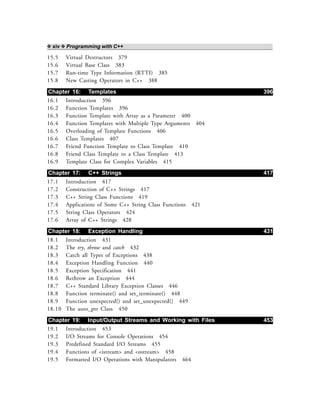❖ xiv ❖ Programming with C++
15.5 Virtual Destructors 379
15.6 Virtual Base Class 383
15.7 Run-time Type Information (RTTI) 385
15.8 New Casting Operators in C++ 388
Chapter 16: Templates 396
16.1 Introduction 396
16.2 Function Templates 396
16.3 Function Template with Array as a Parameter 400
16.4 Function Templates with Multiple Type Arguments 404
16.5 Overloading of Template Functions 406
16.6 Class Templates 407
16.7 Friend Function Template to Class Template 410
16.8 Friend Class Template to a Class Template 413
16.9 Template Class for Complex Variables 415
Chapter 17: C++ Strings 417
17.1 Introduction 417
17.2 Construction of C++ Strings 417
17.3 C++ String Class Functions 419
17.4 Applications of Some C++ String Class Functions 421
17.5 String Class Operators 424
17.6 Array of C++ Strings 428
Chapter 18: Exception Handling 431
18.1 Introduction 431
18.2 The try, throw and catch 432
18.3 Catch all Types of Exceptions 438
18.4 Exception Handling Function 440
18.5 Exception Specification 441
18.6 Rethrow an Exception 444
18.7 C++ Standard Library Exception Classes 446
18.8 Function terminate() and set_terminate() 448
18.9 Function unexpected() and set_unexpected() 449
18.10 The auto_ptr Class 450
Chapter 19: Input/Output Streams and Working with Files 453
19.1 Introduction 453
19.2 I/O Streams for Console Operations 454
19.3 Predefined Standard I/O Streams 455
19.4 Functions of <istream> and <ostream> 458
19.5 Formatted I/O Operations with Manipulators 464
 