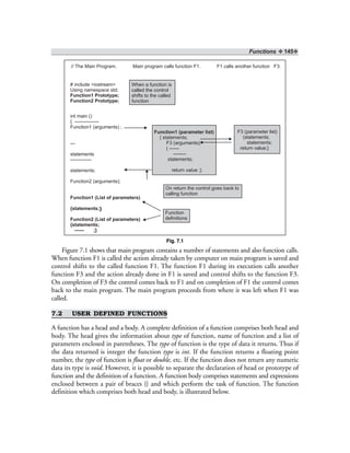 Functions ❖ 145❖
// The Main Program. Main program calls function F1. F1 calls another function F3.
When a function is
called the control
shifts to the called
function
# include <iostream>
Using namespace std;
Function1 Prototype;
Function2 Prototype;
int main ()
{ —————
Function1 (arguments) ;
—
statements
-------------
statements;
Function2 (arguments);
Function1 (List of parameters)
{statements;
Function2 (List of parameters)
{statements;
------ ;}
Function1 (parameter list)
{ statements;
F3 (arguments);
( ------
--------
statements;
return ;}value
F3 (parameter list)
(statements;
statements;
return value;}
On return the control goes back to
calling function
Function
definitions
Fig. 7.1
Figure 7.1 shows that main program contains a number of statements and also function calls.
When function F1 is called the action already taken by computer on main program is saved and
control shifts to the called function F1. The function F1 during its execution calls another
function F3 and the action already done in F1 is saved and control shifts to the function F3.
On completion of F3 the control comes back to F1 and on completion of F1 the control comes
back to the main program. The main program proceeds from where it was left when F1 was
called.
7.2 USER DEFINED FUNCTIONS
A function has a head and a body. A complete definition of a function comprises both head and
body. The head gives the information about type of function, name of function and a list of
parameters enclosed in parentheses. The type of function is the type of data it returns. Thus if
the data returned is integer the function type is int. If the function returns a floating point
number, the type of function is float or double, etc. If the function does not return any numeric
data its type is void. However, it is possible to separate the declaration of head or prototype of
function and the definition of a function. A function body comprises statements and expressions
enclosed between a pair of braces {} and which perform the task of function. The function
definition which comprises both head and body, is illustrated below.
}
 