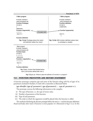 Functions ❖ 147❖
// Main program // Main program
# include <iostream> # include <iostream>
using namespace std; using namespace std;
Function Prototype; Function definition
int main () int main ()
{ { statements ;
statements ;
Function (arguments) ; Function (arguments);
———— // Function Call
return 0; } return 0 ;
}
Function definition
Fig. 7.2 (a): Prototype above the main() Fig. 7.2 (b): With function definition above main,
and definition below the main() no prototype is needed.
//Main program
# include <iostream>
using namespace std;
Function head ;
int main ()
{ ————
statements;
Function ( arguments );
————— //Function Call
return 0 ;
}
Function definition
Fig. 7.2 (c): Function head declared above
main () and function defined after main ()
Fig. 7.2 (a, b, c) – Where to place the definition of a function in a program?
7.3 FUNCTION PROTOTYPE AND RETURN STATEMENT
A function prototype comprises type and name of the function along with list of types of its
parameters enclosed in brackets. It ends with a semicolon as illustrated below.
type identifier (type-of- parameter1, type-of-parameter2, … type-of- parameter n );
The prototype conveys the following information to the compiler.
(i) The type of function, i.e. the type of return value.
(ii) Number of parameters of the function.
(iii) Type of each parameter.
(iv) The order in which the arguments would be placed when the function is called.
The method of declaring the function prototype before the main() and the function definition
(head and body) after main () function is more popular. It is illustrated in Fig.(7.2 a). In this
 