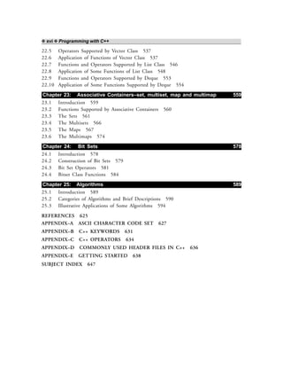 ❖ xvi ❖ Programming with C++
22.5 Operators Supported by Vector Class 537
22.6 Application of Functions of Vector Class 537
22.7 Functions and Operators Supported by List Class 546
22.8 Application of Some Functions of List Class 548
22.9 Functions and Operators Supported by Deque 553
22.10 Application of Some Functions Supported by Deque 554
Chapter 23: Associative Containers–set, multiset, map and multimap 559
23.1 Introduction 559
23.2 Functions Supported by Associative Containers 560
23.3 The Sets 561
23.4 The Multisets 566
23.5 The Maps 567
23.6 The Multimaps 574
Chapter 24: Bit Sets 578
24.1 Introduction 578
24.2 Construction of Bit Sets 579
24.3 Bit Set Operators 581
24.4 Bitset Class Functions 584
Chapter 25: Algorithms 589
25.1 Introduction 589
25.2 Categories of Algorithms and Brief Descriptions 590
25.3 Illustrative Applications of Some Algorithms 594
REFERENCES 625
APPENDIX–A ASCII CHARACTER CODE SET 627
APPENDIX–B C++ KEYWORDS 631
APPENDIX–C C++ OPERATORS 634
APPENDIX–D COMMONLY USED HEADER FILES IN C++ 636
APPENDIX–E GETTING STARTED 638
SUBJECT INDEX 647
 