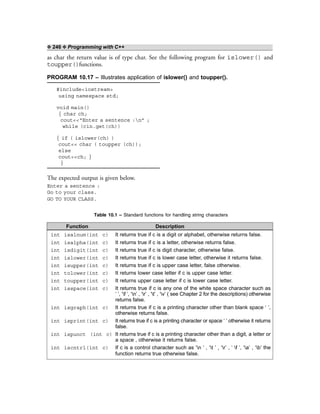 ❖ 246 ❖ Programming with C++
as char the return value is of type char. See the following program for islower() and
toupper()functions.
PROGRAM 10.17 – Illustrates application of islower() and toupper().
#include<iostream>
using namespace std;
void main()
{ char ch;
cout<<“Enter a sentence :n” ;
while (cin.get(ch))
{ if ( islower(ch) )
cout<< char ( toupper (ch));
else
cout<<ch; }
}
The expected output is given below.
Enter a sentence :
Go to your class.
GO TO YOUR CLASS.
Table 10.1 – Standard functions for handling string characters
Function Description
int isalnum(int c) It returns true if c is a digit or alphabet, otherwise returns false.
int isalpha(int c) It returns true if c is a letter, otherwise returns false.
int isdigit(int c) It returns true if c is digit character, otherwise false.
int islower(int c) It returns true if c is lower case letter, otherwise it returns false.
int isupper(int c) It returns true if c is upper case letter, false otherwise.
int tolower(int c) It returns lower case letter if c is upper case letter.
int toupper(int c) It returns upper case letter if c is lower case letter.
int isspace(int c) It returns true if c is any one of the white space character such as
‘ ’, ‘f ’, ‘n’ , ‘r’ , ‘t’ , ‘v’ ( see Chapter 2 for the descriptions) otherwise
returns false.
int isgraph(int c) It returns true if c is a printing character other than blank space ‘ ’,
otherwise returns false.
int isprint(int c) It returns true if c is a printing character or space ‘ ’ otherwise it returns
false.
int ispunct (int c) It returns true if c is a printing character other than a digit, a letter or
a space , otherwise it returns false.
int iscntrl(int c) If c is a control character such as ‘n ’ , ‘t ’ , ‘r’ , ‘ f ’, ‘a’ , ‘b’ the
function returns true otherwise false.
 