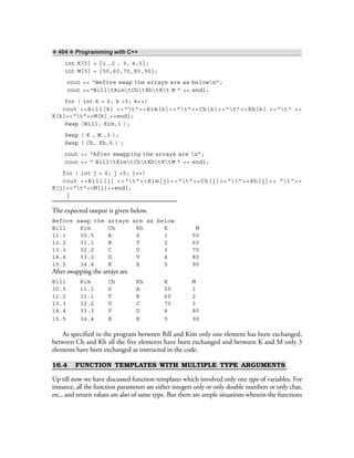 ❖ 404 ❖ Programming with C++
int K[5] = {1 ,2 , 3, 4,5};
int M[5] = {50,60,70,80,90};
cout << “Before swap the arrays are as belown”;
cout <<“BilltKimtChtKhtKt M ” << endl;
for ( int k = 0; k <5; k++)
cout <<Bill[k] <<“t”<<Kim[k]<<“t”<<Ch[k]<<“t”<<Kh[k] <<“t” <<
K[k]<<“t”<<M[k] <<endl;
Swap (Bill, Kim,1 );
Swap ( K , M ,3 );
Swap ( Ch, Kh,5 ) ;
cout << “After swapping the arrays are n”;
cout << “ BilltKimtChtKhtKtM ” << endl;
for ( int j = 0; j <5; j++)
cout <<Bill[j] <<“t”<<Kim[j]<<“t”<<Ch[j]<<“t”<<Kh[j]<< “t”<<
K[j]<<“t”<<M[j]<<endl;
}
The expected output is given below.
Before swap the arrays are as below
Bill Kim Ch Kh K M
11.1 30.5 A S 1 50
12.2 31.1 B T 2 60
13.3 32.2 C U 3 70
14.4 33.3 D V 4 80
15.5 34.4 E X 5 90
After swapping the arrays are
Bill Kim Ch Kh K M
30.5 11.1 S A 50 1
12.2 31.1 T B 60 2
13.3 32.2 U C 70 3
14.4 33.3 V D 4 80
15.5 34.4 X E 5 90
As specified in the program between Bill and Kim only one element has been exchanged,
between Ch and Kh all the five elements have been exchanged and between K and M only 3
elements have been exchanged as instructed in the code.
16.4 FUNCTION TEMPLATES WITH MULTIPLE TYPE ARGUMENTS
Up till now we have discussed function templates which involved only one type of variables. For
instance, all the function parameters are either integers only or only double numbers or only char,
etc., and return values are also of same type. But there are ample situations wherein the functions
 