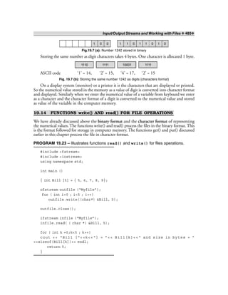 Input/Output Streams and Working with Files ❖ 485❖
1 0 0 1 1 0 1 1 0 1 0
Fig.19.7 (a): Number 1242 stored in binary
Storing the same number as digit characters takes 4 bytes. One character is allocated 1 byte.
1110 1111 10001 1111
ASCII code ‘1’ = 14, ‘2’ = 15, ‘4’ = 17, ‘2’ = 15
Fig. 19.7 (b): Storing the same number 1242 as digits (characters format)
On a display system (monitor) or a printer it is the characters that are displayed or printed.
So the numerical value stored in the memory as a value of digit is converted into character format
and displayed. Similarly when we enter the numerical value of a variable from keyboard we enter
as a character and the character format of a digit is converted to the numerical value and stored
as value of the variable in the computer memory.
19.14 FUNCTIONS write() AND read( ) FOR FILE OPERATIONS
We have already discussed above the binary format and the character format of representing
the numerical values. The functions write() and read() process the files in the binary format. This
is the format followed for storage in computer memory. The functions get() and put() discussed
earlier in this chapter process the file in character format.
PROGRAM 19.23 – Illustrates functions read() and write() for files operations.
#include <fstream>
#include <iostream>
using namespace std;
int main ()
{ int Bill [5] = { 5, 6, 7, 8, 9};
ofstream outfile (“Myfile”);
for ( int i=0 ; i<5 ; i++)
outfile.write((char*) &Bill, 5);
outfile.close();
ifstream infile (“Myfile”);
infile.read( ( char *) &Bill, 5);
for ( int k =0;k<5 ; k++)
cout << “Bill [“<<k<<“] = ”<< Bill[k]<<“ and size in bytes = ”
<<sizeof(Bill[k])<< endl;
return 0;
}
 