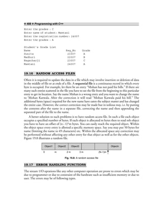 ❖ 488 ❖ Programming with C++
Enter the grades : C
Enter name of student: Mamtani
Enter the registration number: 24007
Enter the grades : A
Student’s Grade List
Name Reg_No Grade
Sunita 21007 A
Madhuri 22007 B
Nagacharji 23007 C
Mamtani 24007 A
19.16 RANDOM ACCESS FILES
Often it is required to update the data in a file which may involve insertion or deletion of data
in the middle of file or at ends of a file. A sequential file is a continuous record in which every
byte is occupied. For example, let there be an entry “Mohan has not paid his bills.” If there are
many such entries scattered in the file you have to see the file from the beginning to this particular
entry to get its location. Say the name Mohan is a wrong entry and you want to change the name
to ‘Mohan Katwala. After the correction it will read “Mohan Katwala paid his bill.” The
additional bytes (space) required for the new name have eaten the subject matter and has changed
the entire case. However, the correct correction may be made but in tedious way, i.e. by putting
the contents after the name in a separate file, correcting the name and then appending the
separated part of the file to the name.
A better solution to such problems is to have random access file. In such a file each object
occupies a specified number of bytes. If each object is allocated m bytes then to read nth object
you have to have an offset of (n–1)*m bytes. You can easily reach the required object. Within
the object space every entry is allotted a specific memory space. Say you may put 50 bytes for
name (limiting the name to 49 characters) etc. Within the allocated space any correction may
be performed without affecting any other entry for that object as well as for the other objects.
Figure 19.8 illustrates a random file.
Object1 Object2 Object3 Objectn
0 m 2 m 3 m (N–1)m
Fig. 19.8: A random access file
19.17 ERROR HANDLING FUNCTIONS
The stream 1/O oprations like any other computer operation are prone to errors which may be
due to programmer or due to constraint of the hardware such as insufficient memory or due to
user. The errors may be of following types.
 