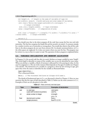 ❖ 34 ❖ Programming with C++
int length =0; // length is the name of variable of type int
int width=0, area=0; //width and area are also names of variables.
std::cout<<“Write the length and width of a rectangle: ” ;
// output statement
std::cin>> length>>width; // Input statement
area = length*width; // computation of area
std::cout <<“length = ” <<length<<“t width = “<<width<<“t area = “
<<area<<endl; // output statement
return 0 ;}
You should note that in the above program all the code lines except the first two end with
semicolon. The first line comprises the header file and the second is int main(). A common mistake
by a student involves use of semicolon at wrong places. You would also observe that all the code
lines in the above program do not start from extreme left. As already mentioned above, in C++
the white spaces are neglected. So it does not matter where you start the line. The program may
be written in a way so that it is easier to read. The operation of above program is explained below.
2.4 VARIABLE DECLARATION AND MEMORY ALLOCATION
In Program 2.4, the second code line after int main() declares an integer variable by name ‘length’.
The word length is identifier or name of the variable, just as you are identified by your name.
When you declare a variable, a block of memory is allocated for it for putting its value. In this
case 0 is assigned to it. The size of the memory block depends on the type of variable (see Chapter
3 for details). The declaration of a variable in a program is done by first writing its type, give
space then write the name or identifier for the variable as illustrated below.
type identifier ;
This is illustrated below.
int n ; // The statement declares an integer with name n.
The details of fundamental types in C++ are discussed in detail in Chapter 3. Here we may
mention that the five types of data described in Table 2.2 below are the most common in C++.
Examples of their use are also given in the table.
Table 2.2* – Most commonly used data types
Type Description Examples of declaration
void no data type void main()
(used with functions & pointers) void F();
int whole number or integer int length;
int k = 6;
float decimal point number. float y;
(single precision) float PI =3.141;
Contd...
 