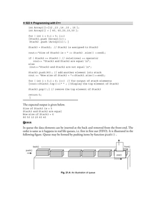 ❖ 522 ❖ Programming with C++
int Array1[]={12 ,13 ,14 ,15 , 16 };
int Array2[] = { 40, 60,20,10,50 };
for ( int i = 0;i < 5; i++)
{Stack1.push (Array1[i]);
Stack2 .push (Array2[i]); }
Stack3 = Stack2; // Stack2 is assigned to Stack3
cout<<“Size of Stack3 is = ” << Stack3 .size() <<endl;
if ( Stack2 == Stack3 ) // relational == operator
cout<< “Stack3 and Stack2 are equal n”;
else
cout<<“Stack3 and Stack2 are not equal n”;
Stack3.push(80); // add another element into stack
cout << “Now size of Stack3 = ”<<Stack3.size()<<endl;
for ( int j = 0;j < 6; j++) // for output of stack elements
{cout<<Stack3.top()<<“ ” ; //display the top element of Stack3
Stack3.pop();} // remove the top element of Stack3
return 0;
}
The expected output is given below.
Size of Stack3 is = 5
Stack3 and Stack2 are equal
Now size of Stack3 = 6
80 50 10 20 60 40
QUEUE
In queue the data elements can be inserted at the back and removed from the front-end. The
order is same as it happens in real life queues, i.e. first in first out (FIFO). It is illustrated in the
following figure. Queue may be formed by pushing items by function push().
front()
pop()
back()
push()
Fig. 21.4: An illustration of queue
 