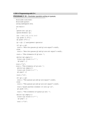 ❖ 524 ❖ Programming with C++
PROGRAM 21.10 – Illustrates operators acting on queues.
#include<iostream>
#include<queue>
using namespace std;
int main()
{
queue<int> q2,q3 ;
queue<double> q1;
for ( int i =0; i< 6; i++)
{q1.push (1.5*i);
q2.push (i*i);}
q3 = q2; // assignment operator
if( q2 == q3)
cout<< “Now the queues q2 and q3 are equal”<<endl;
else
cout<< “Now the queues q2 and q3 are not equal”<<endl;
cout<< “The elements of q2 are: ”;
while(!q2.empty())
{cout<<q2.front()<<“ ” ;
q2.pop() ;}
cout<<“n”;
cout<< “The elements of q3 are: ”;
while(!q3.empty())
{cout<<q3.front()<<“ ” ;
q3.pop() ;}
cout<<“n”;
if( q2 == q3)
cout<< “The queues q2 and q3 are equal”<<endl;
else
cout<< “The queues q2 and q3 are not equal”<<endl;
cout<<“push another element 10 into q3 n”;
q3.push (10);
cout<< “The elements of queue q3 are: ”;
while(!q3.empty())
{cout<<q3.front()<<“ ” ;
q3.pop() ;}
cout <<“n”;
 