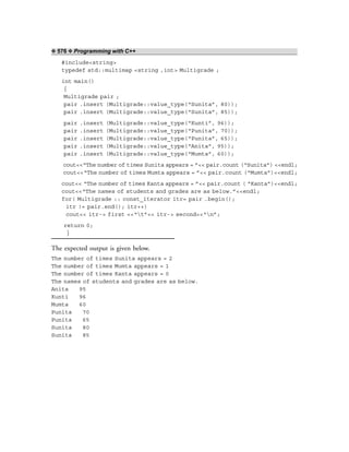 ❖ 576 ❖ Programming with C++
#include<string>
typedef std::multimap <string ,int> Multigrade ;
int main()
{
Multigrade pair ;
pair .insert (Multigrade::value_type(“Sunita”, 80));
pair .insert (Multigrade::value_type(“Sunita”, 85));
pair .insert (Multigrade::value_type(“Kunti”, 96));
pair .insert (Multigrade::value_type(“Punita”, 70));
pair .insert (Multigrade::value_type(“Punita”, 65));
pair .insert (Multigrade::value_type(“Anita”, 95));
pair .insert (Multigrade::value_type(“Mumta”, 60));
cout<<“The number of times Sunita appears = ”<< pair.count (“Sunita”) <<endl;
cout<<“The number of times Mumta appears = ”<< pair.count (“Mumta”)<<endl;
cout<< “The number of times Kanta appears = ”<< pair.count ( “Kanta”)<<endl;
cout<<“The names of students and grades are as below.”<<endl;
for( Multigrade :: const_iterator itr= pair .begin();
itr != pair.end(); itr++)
cout<< itr-> first <<“t”<< itr-> second<<“n”;
return 0;
}
The expected output is given below.
The number of times Sunita appears = 2
The number of times Mumta appears = 1
The number of times Kanta appears = 0
The names of students and grades are as below.
Anita 95
Kunti 96
Mumta 60
Punita 70
Punita 65
Sunita 80
Sunita 85
 