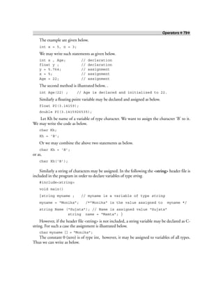 Operators ❖ 79❖
The example are given below.
int x = 5, n = 3;
We may write such statements as given below.
int x , Age; // declaration
float y ; // declaration
y = 5.764; // assignment
x = 5; // assignment
Age = 22; // assignment
The second method is illustrated below. .
int Age(22) ; // Age is declared and initialized to 22.
Similarly a floating point variable may be declared and assigned as below.
float PI(3.14159);
double PI(3.1415926535);
Let Kh be name of a variable of type character. We want to assign the character ‘B’ to it.
We may write the code as below.
char Kh;
Kh = ‘B’;
Or we may combine the above two statements as below.
char Kh = ‘B’;
or as,
char Kh(‘B’);
Similarly a string of characters may be assigned. In the following the <string> header file is
included in the program in order to declare variables of type string.
#include<string>
void main()
{string myname ; // myname is a variable of type string
myname = “Monika”; /*”Monika” is the value assigned to myname */
string Name (“Sujata”); // Name is assigned value “Sujata”
string name = “Mamta”; }
However, if the header file <string> is not included, a string variable may be declared as C-
string. For such a case the assignment is illustrated below.
char myname [] = “Monika”;
The constant 0 (zero) is of type int, however, it may be assigned to variables of all types.
Thus we can write as below.
 