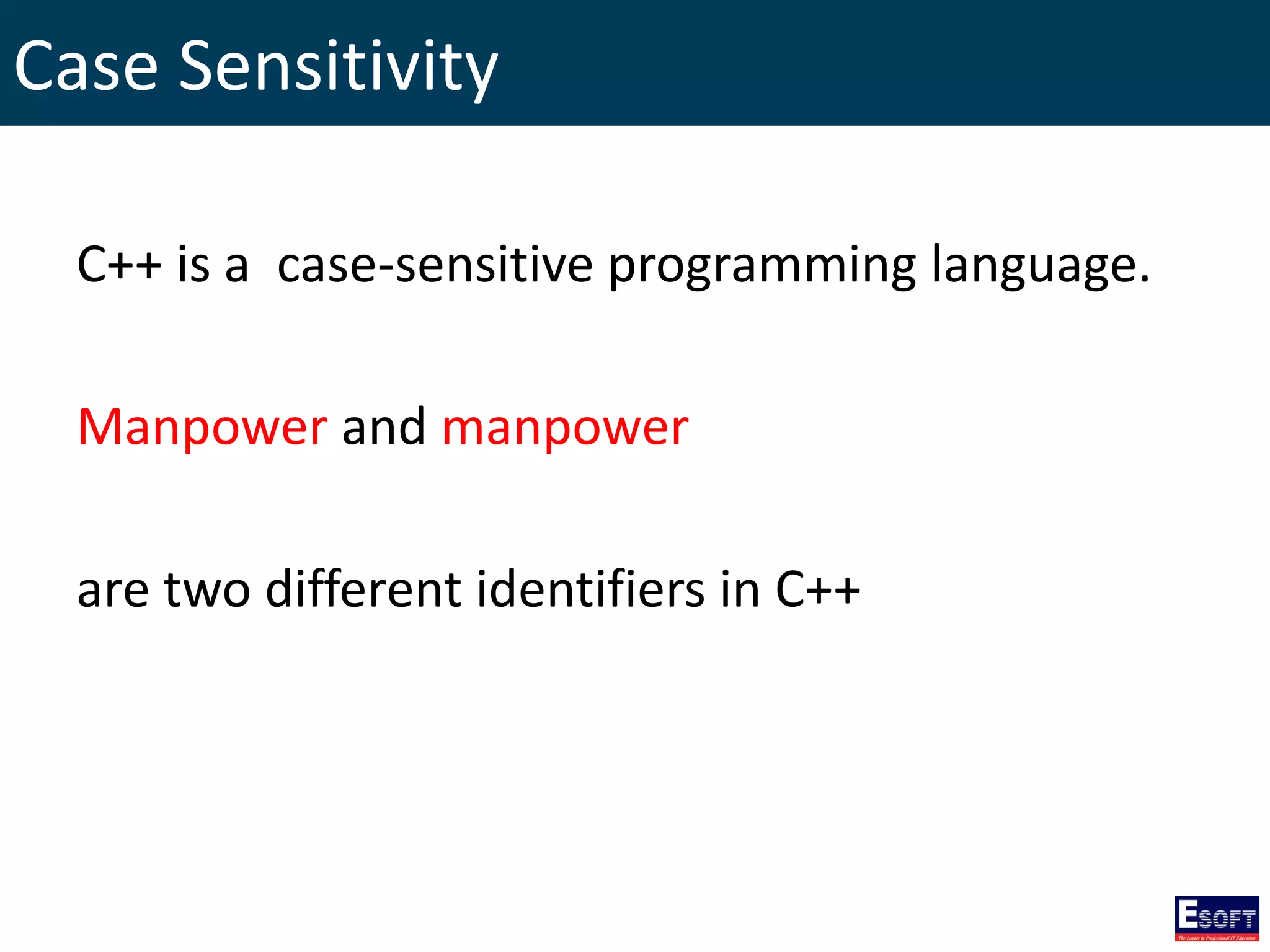 Case Sensitivity
C++ is a case-sensitive programming language.
Manpower and manpower
are two different identifiers in C++
 