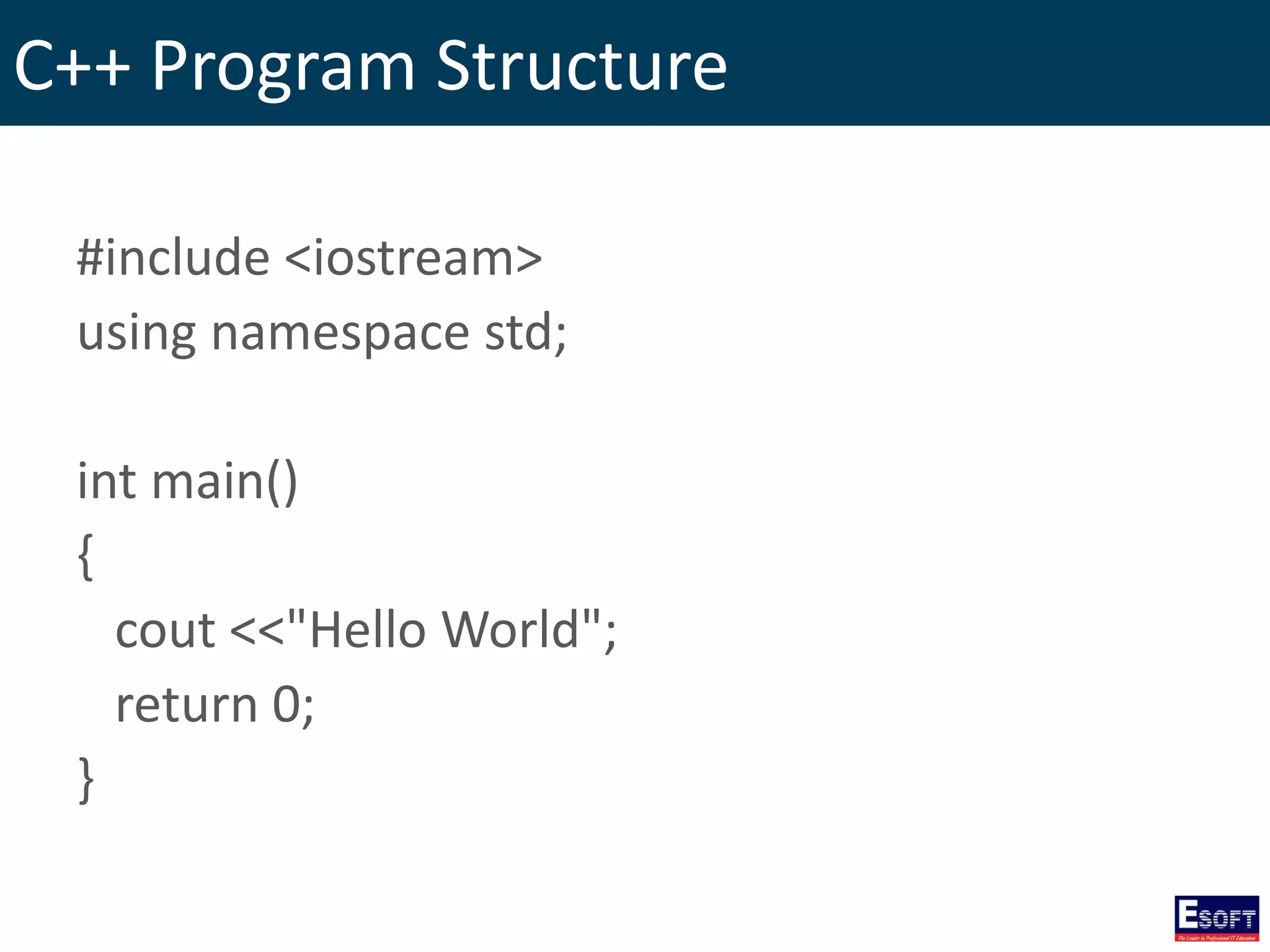 C++ Program Structure
#include <iostream>
using namespace std;
int main()
{
cout <<"Hello World";
return 0;
}
 