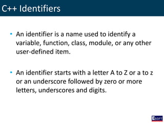 C++ Identifiers
• An identifier is a name used to identify a
variable, function, class, module, or any other
user-defined item.
• An identifier starts with a letter A to Z or a to z
or an underscore followed by zero or more
letters, underscores and digits.
 