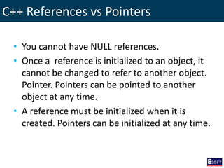 C++ References vs Pointers
• You cannot have NULL references.
• Once a reference is initialized to an object, it
cannot be changed to refer to another object.
Pointer. Pointers can be pointed to another
object at any time.
• A reference must be initialized when it is
created. Pointers can be initialized at any time.
 