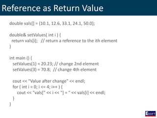 Reference as Return Value
double vals[] = {10.1, 12.6, 33.1, 24.1, 50.0};
double& setValues( int i ) {
return vals[i]; // return a reference to the ith element
}
int main () {
setValues(1) = 20.23; // change 2nd element
setValues(3) = 70.8; // change 4th element
cout << "Value after change" << endl;
for ( int i = 0; i <= 4; i++ ) {
cout << "vals[" << i << "] = " << vals[i] << endl;
}
}
 