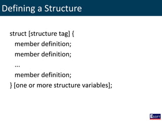 Defining a Structure
struct [structure tag] {
member definition;
member definition;
...
member definition;
} [one or more structure variables];
 