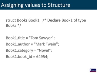 Assigning values to Structure
struct Books Book1; /* Declare Book1 of type
Books */
Book1.title = "Tom Sawyer";
Book1.author = "Mark Twain";
Book1.category = "Novel";
Book1.book_id = 64954;
 