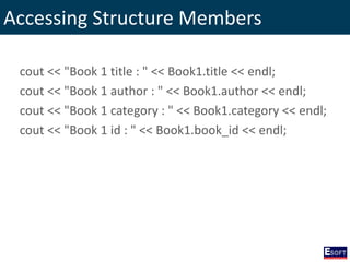 Accessing Structure Members
cout << "Book 1 title : " << Book1.title << endl;
cout << "Book 1 author : " << Book1.author << endl;
cout << "Book 1 category : " << Book1.category << endl;
cout << "Book 1 id : " << Book1.book_id << endl;
 