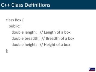 C++ Class Definitions
class Box {
public:
double length; // Length of a box
double breadth; // Breadth of a box
double height; // Height of a box
};
 
