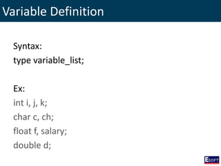 Variable Definition
Syntax:
type variable_list;
Ex:
int i, j, k;
char c, ch;
float f, salary;
double d;
 