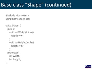 Base class “Shape” (continued)
#include <iostream>
using namespace std;
class Shape {
public:
void setWidth(int w) {
width = w;
}
void setHeight(int h) {
height = h;
}
protected:
int width;
int height;
};
 