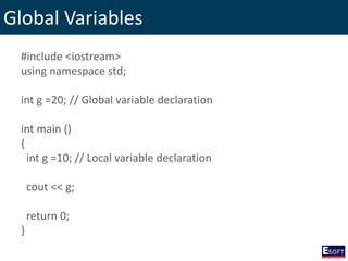 Global Variables
#include <iostream>
using namespace std;
int g =20; // Global variable declaration
int main ()
{
int g =10; // Local variable declaration
cout << g;
return 0;
}
 