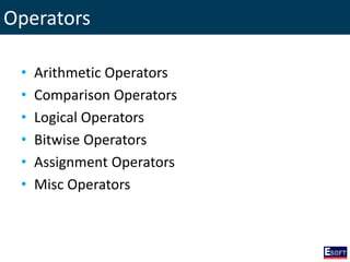 Operators
• Arithmetic Operators
• Comparison Operators
• Logical Operators
• Bitwise Operators
• Assignment Operators
• Misc Operators
 