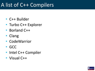 A list of C++ Compilers
• C++ Builder
• Turbo C++ Explorer
• Borland C++
• Clang
• CodeWarrior
• GCC
• Intel C++ Compiler
• Visual C++
 