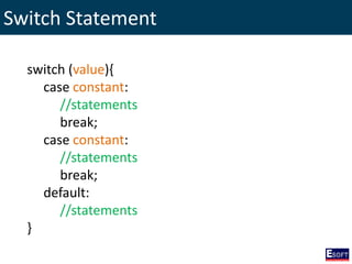 Switch Statement
switch (value){
case constant:
//statements
break;
case constant:
//statements
break;
default:
//statements
}
 