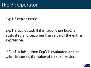 The ? : Operator
Exp1 ? Exp2 : Exp3;
Exp1 is evaluated. If it is true, then Exp2 is
evaluated and becomes the value of the entire
expression.
If Exp1 is false, then Exp3 is evaluated and its
value becomes the value of the expression.
 