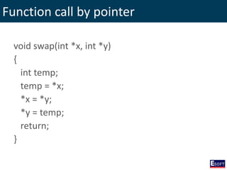 Function call by pointer
void swap(int *x, int *y)
{
int temp;
temp = *x;
*x = *y;
*y = temp;
return;
}
 