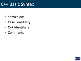 C++ Basic Syntax
• Semicolons
• Case Sensitivity
• C++ Identifiers
• Comments
 