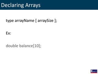 Declaring Arrays
type arrayName [ arraySize ];
Ex:
double balance[10];
 