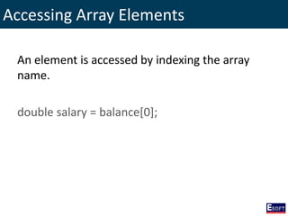 Accessing Array Elements
An element is accessed by indexing the array
name.
double salary = balance[0];
 