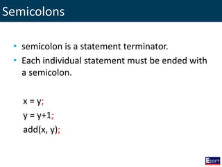 Semicolons
• semicolon is a statement terminator.
• Each individual statement must be ended with
a semicolon.
x = y;
y = y+1;
add(x, y);
 
