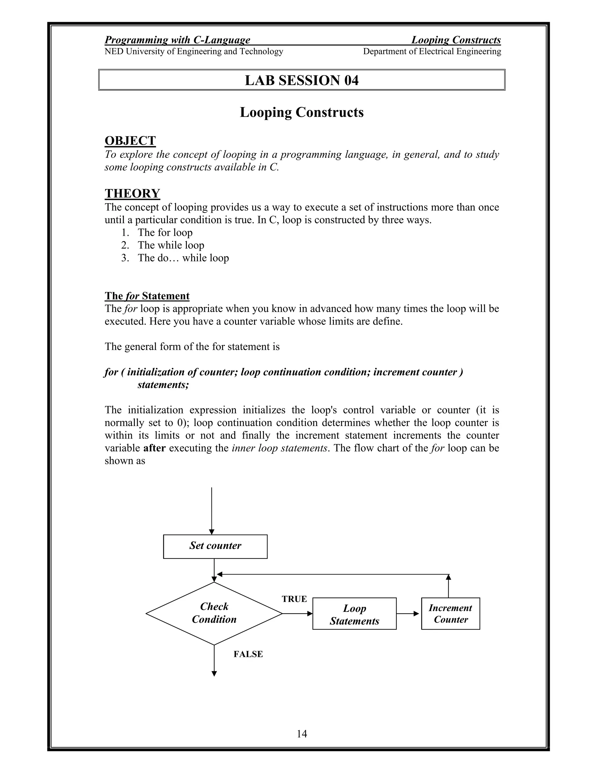 Programming with C-Language Looping Constructs
NED University of Engineering and Technology Department of Electrical Engineering
14
Set counter
Check
Condition
Loop
Statements
Increment
Counter
TRUE
FALSE
LAB SESSION 04
Looping Constructs
OBJECT
To explore the concept of looping in a programming language, in general, and to study
some looping constructs available in C.
THEORY
The concept of looping provides us a way to execute a set of instructions more than once
until a particular condition is true. In C, loop is constructed by three ways.
1. The for loop
2. The while loop
3. The do while loop
The for Statement
The for loop is appropriate when you know in advanced how many times the loop will be
executed. Here you have a counter variable whose limits are define.
The general form of the for statement is
for ( initialization of counter; loop continuation condition; increment counter )
statements;
The initialization expression initializes the loop's control variable or counter (it is
normally set to 0); loop continuation condition determines whether the loop counter is
within its limits or not and finally the increment statement increments the counter
variable after executing the inner loop statements. The flow chart of the for loop can be
shown as
 