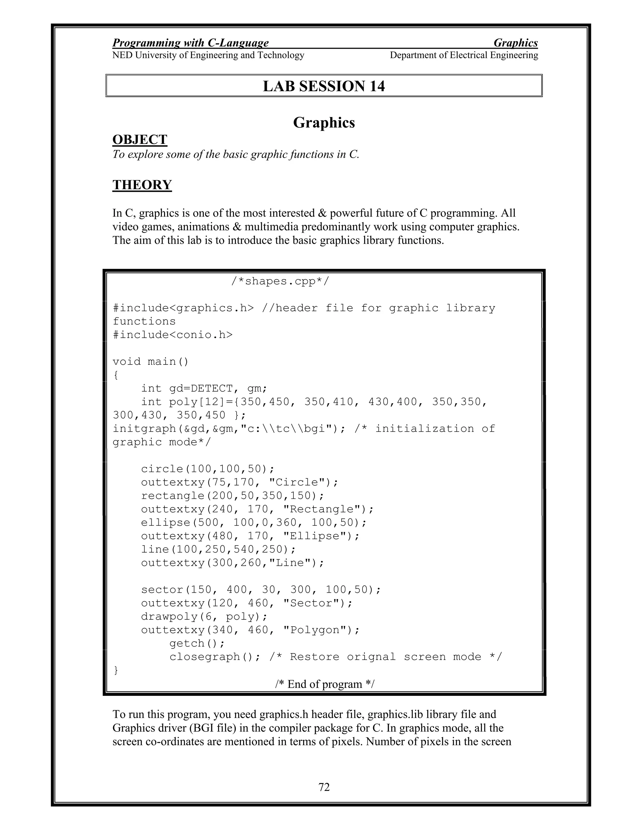 Programming with C-Language Graphics
NED University of Engineering and Technology Department of Electrical Engineering
72
LAB SESSION 14
Graphics
OBJECT
To explore some of the basic graphic functions in C.
THEORY
In C, graphics is one of the most interested & powerful future of C programming. All
video games, animations & multimedia predominantly work using computer graphics.
The aim of this lab is to introduce the basic graphics library functions.
/*shapes.cpp*/
#include<graphics.h> //header file for graphic library
functions
#include<conio.h>
void main()
{
int gd=DETECT, gm;
int poly[12]={350,450, 350,410, 430,400, 350,350,
300,430, 350,450 };
initgraph(&gd,&gm,"c:tcbgi"); /* initialization of
graphic mode*/
circle(100,100,50);
outtextxy(75,170, "Circle");
rectangle(200,50,350,150);
outtextxy(240, 170, "Rectangle");
ellipse(500, 100,0,360, 100,50);
outtextxy(480, 170, "Ellipse");
line(100,250,540,250);
outtextxy(300,260,"Line");
sector(150, 400, 30, 300, 100,50);
outtextxy(120, 460, "Sector");
drawpoly(6, poly);
outtextxy(340, 460, "Polygon");
getch();
closegraph(); /* Restore orignal screen mode */
}
/* End of program */
To run this program, you need graphics.h header file, graphics.lib library file and
Graphics driver (BGI file) in the compiler package for C. In graphics mode, all the
screen co-ordinates are mentioned in terms of pixels. Number of pixels in the screen
 
