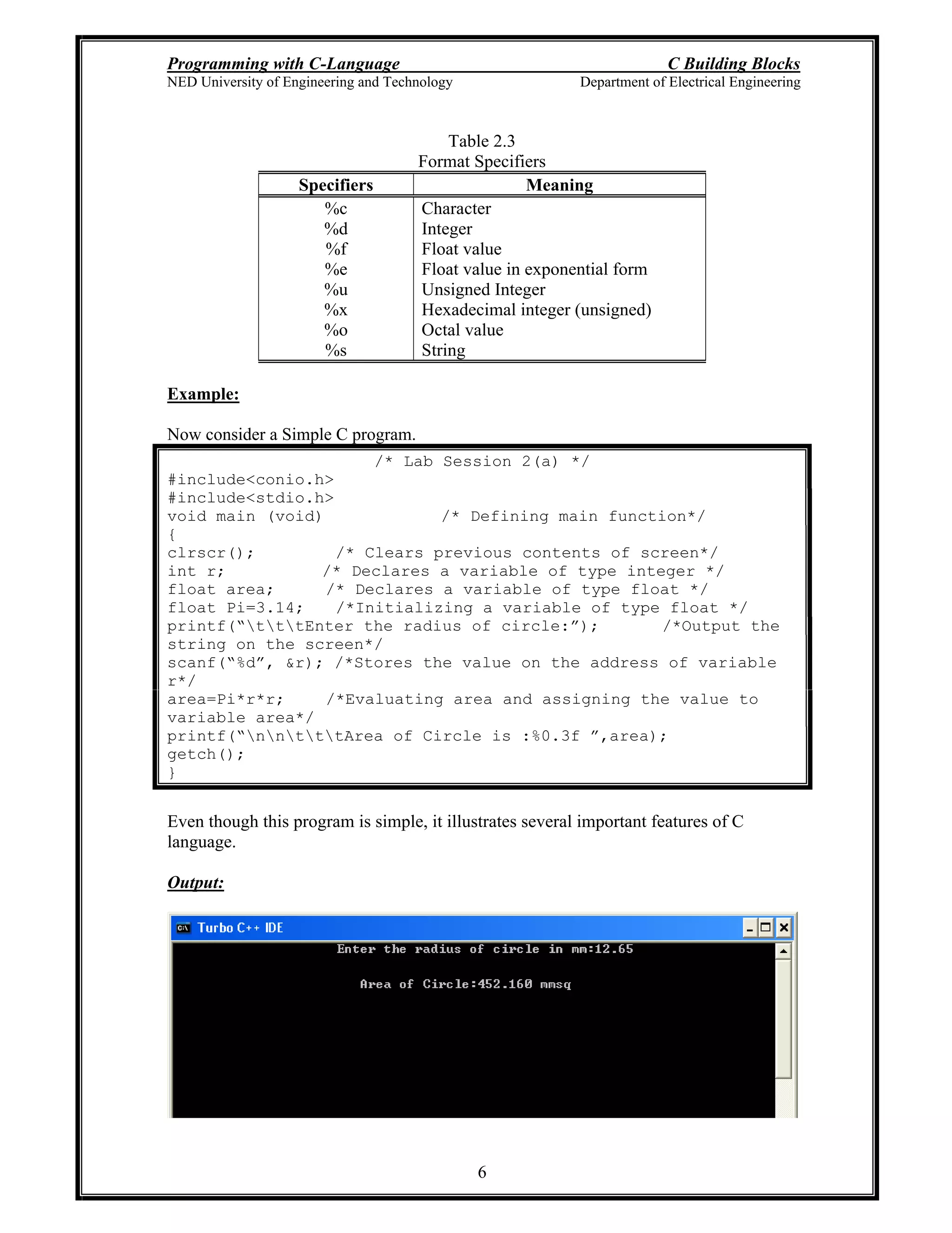 Programming with C-Language C Building Blocks
NED University of Engineering and Technology Department of Electrical Engineering
6
Table 2.3
Format Specifiers
Specifiers Meaning
%c
%d
%f
%e
%u
%x
%o
%s
Character
Integer
Float value
Float value in exponential form
Unsigned Integer
Hexadecimal integer (unsigned)
Octal value
String
Example:
Now consider a Simple C program.
/* Lab Session 2(a) */
#include<conio.h>
#include<stdio.h>
void main (void) /* Defining main function*/
{
clrscr(); /* Clears previous contents of screen*/
int r; /* Declares a variable of type integer */
float area; /* Declares a variable of type float */
float Pi=3.14; /*Initializing a variable of type float */
printf( tttEnter the radius of circle: ); /*Output the
string on the screen*/
scanf( %d , &r); /*Stores the value on the address of variable
r*/
area=Pi*r*r; /*Evaluating area and assigning the value to
variable area*/
printf( nntttArea of Circle is :%0.3f ,area);
getch();
}
Even though this program is simple, it illustrates several important features of C
language.
Output:
 
