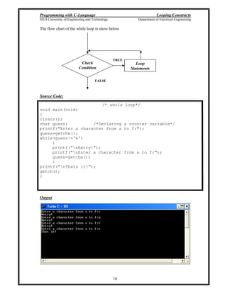 Programming with C-Language Looping Constructs
NED University of Engineering and Technology Department of Electrical Engineering
16
The flow chart of the while loop is show below
Source Code:
/* while loop*/
void main(void)
{
clrscr();
char guess; /*Declaring a counter variable*/
printf("Enter a character from a to f:");
guess=getche();
while(guess!='e')
{
printf("nRetry!");
printf("nEnter a character from a to f:");
guess=getche();
}
printf("nThats it!");
getch();
}
Output
Check
Condition
Loop
Statements
TRUE
FALSE
 